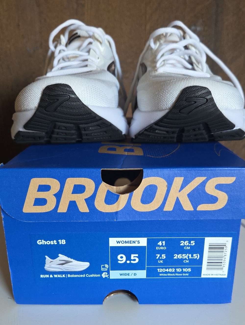 Brooks Women's Ghost 18 White and Black With Rose Gold Running Shoes 9.5 Wide